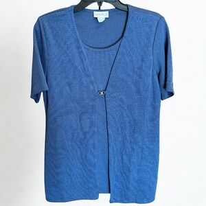 Vintage Laura Tyler Blue Knit‎ Top Short Sleeve Cardigan Twin Set Work Casual M